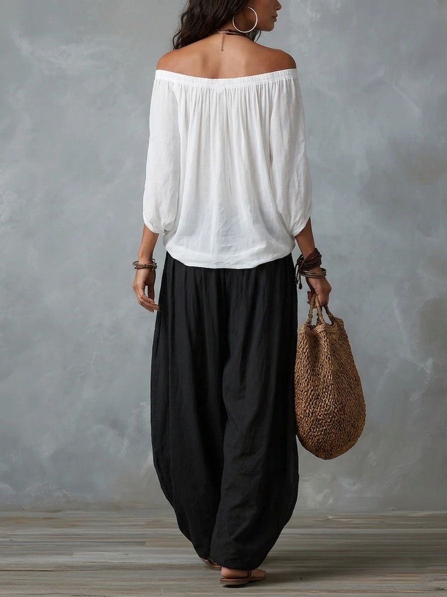 Marta | Completo de Top Blanco Off-the-shoulder y Pantaloni Lantern Holgados