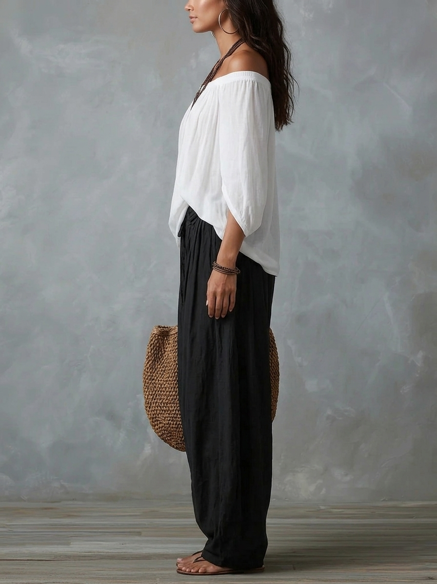 Marta | Completo de Top Blanco Off-the-shoulder y Pantaloni Lantern Holgados