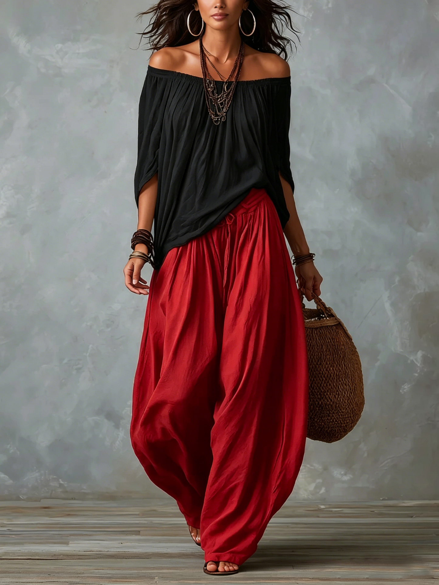 Marta | Completo de Top Blanco Off-the-shoulder y Pantaloni Lantern Holgados