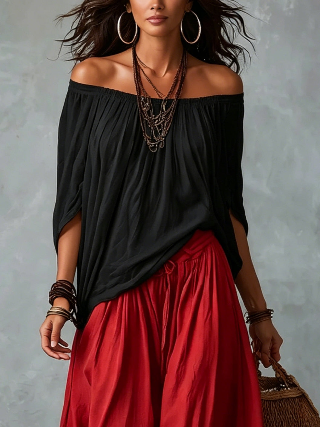 Marta | Completo de Top Blanco Off-the-shoulder y Pantaloni Lantern Holgados
