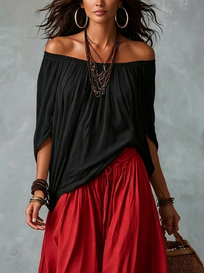 Marta | Completo de Top Blanco Off-the-shoulder y Pantaloni Lantern Holgados
