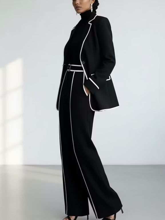 Completo Claudia nero con blazer, pantaloni ampi e profili bianchi | Alessia Velluti