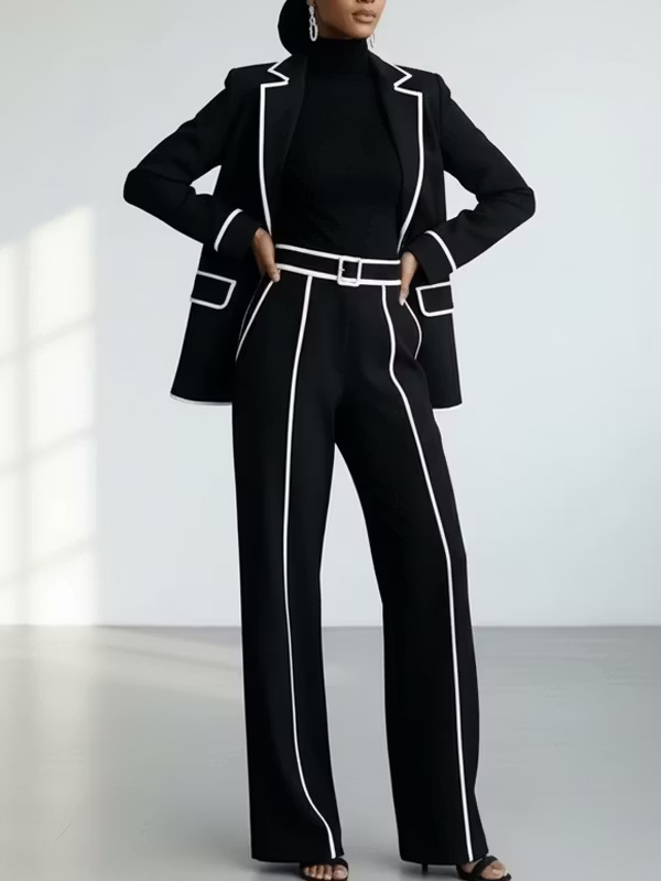 Completo Claudia nero con blazer, pantaloni ampi e profili bianchi | Alessia Velluti