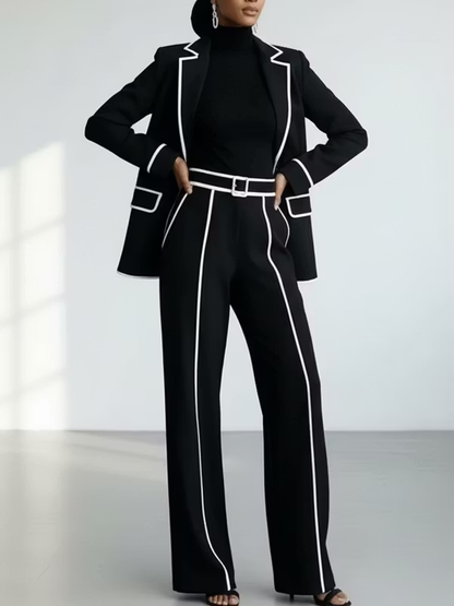 Completo Claudia nero con blazer, pantaloni ampi e profili bianchi | Alessia Velluti
