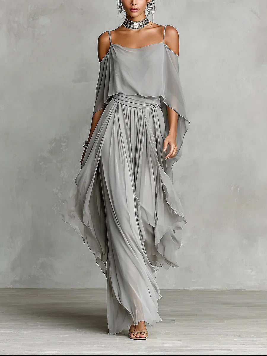 Renata | Completo fluido grigio con top a spalline e pantaloni leggeri