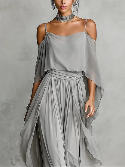 Renata | Completo fluido grigio con top a spalline e pantaloni leggeri