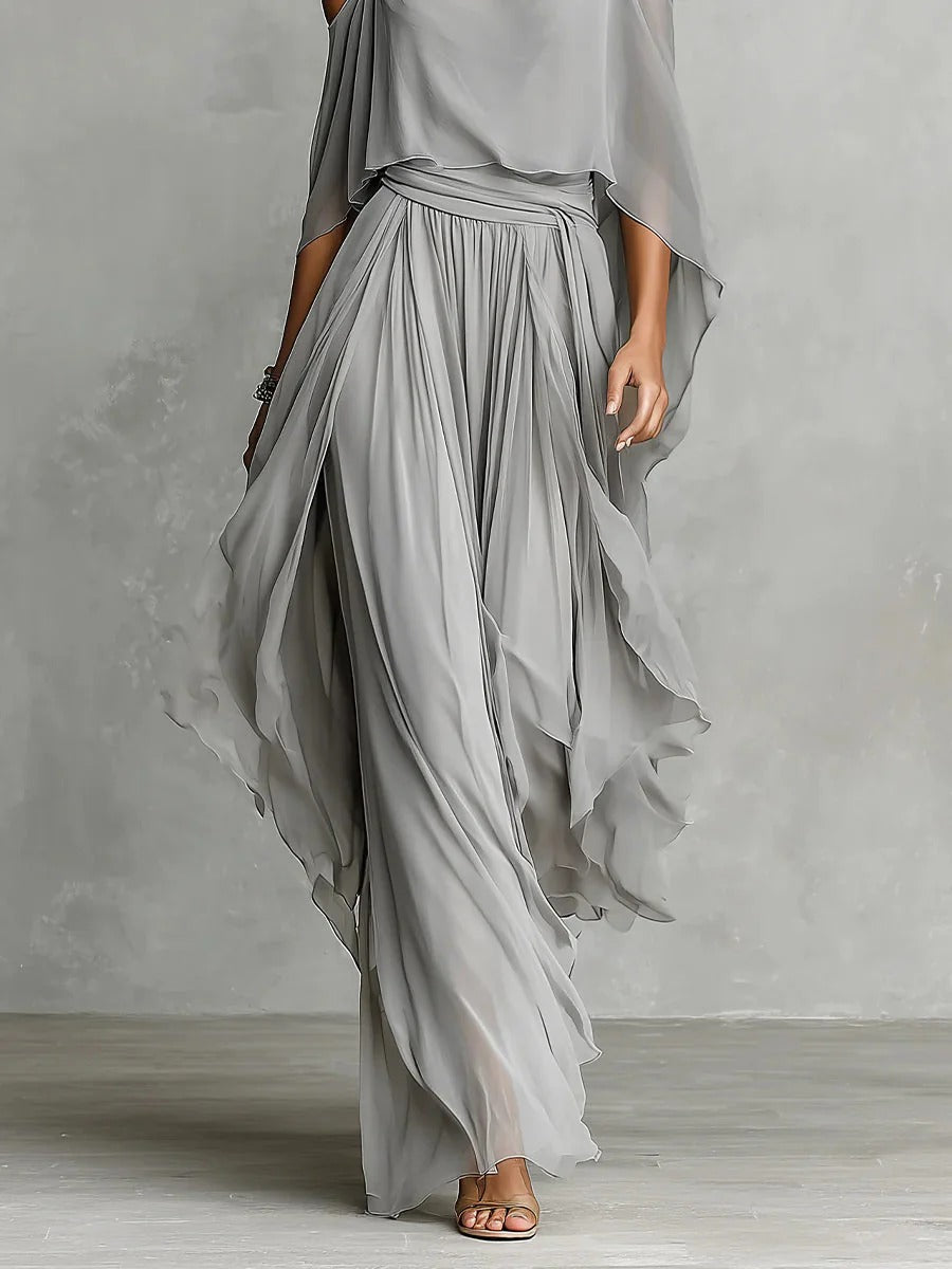 Renata | Completo fluido grigio con top a spalline e pantaloni leggeri