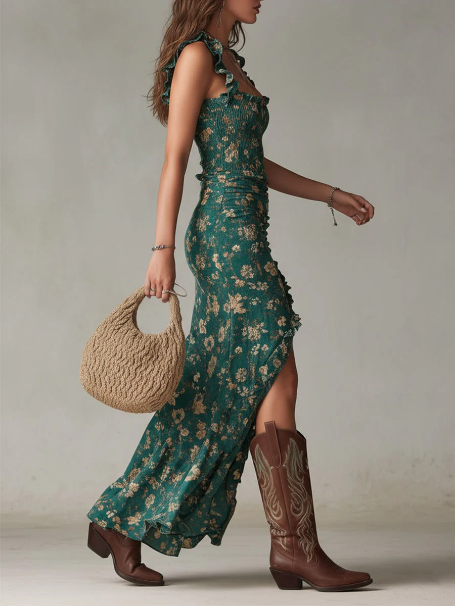 Zara | abito maxi bohème froncée à imprimé fleuri et fente latérale